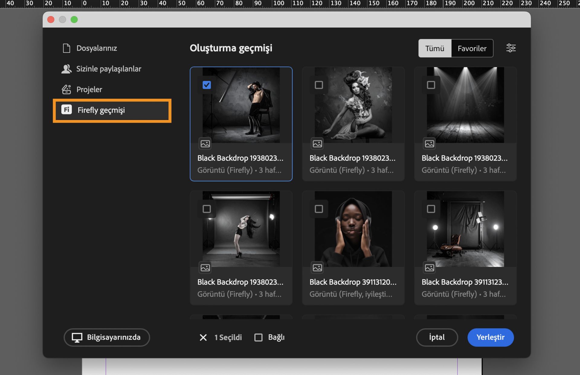 Oluşturma geçmişini açmak için Firefly geçmişini seçin 