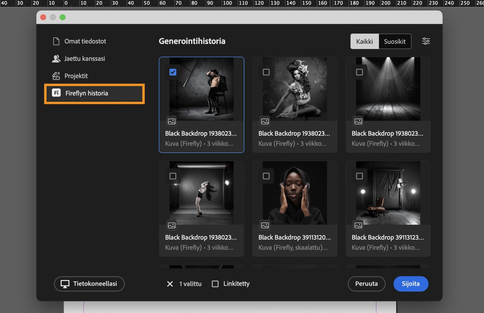 Valitse Fireflyn historia, jotta saat generointihistorian näkyviin 