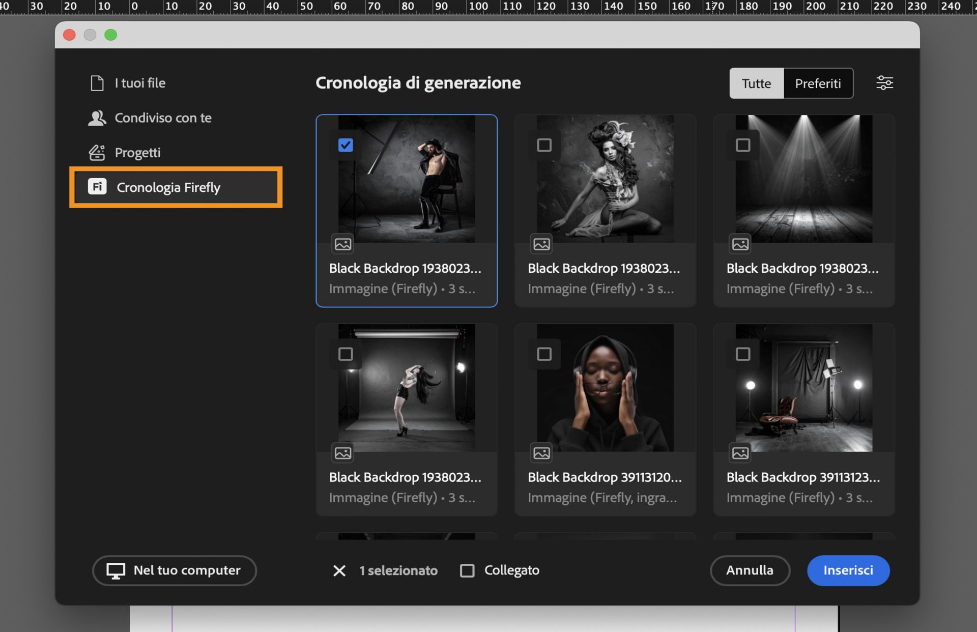 Seleziona Cronologia Firefly per aprire la cronologia di generazione 
