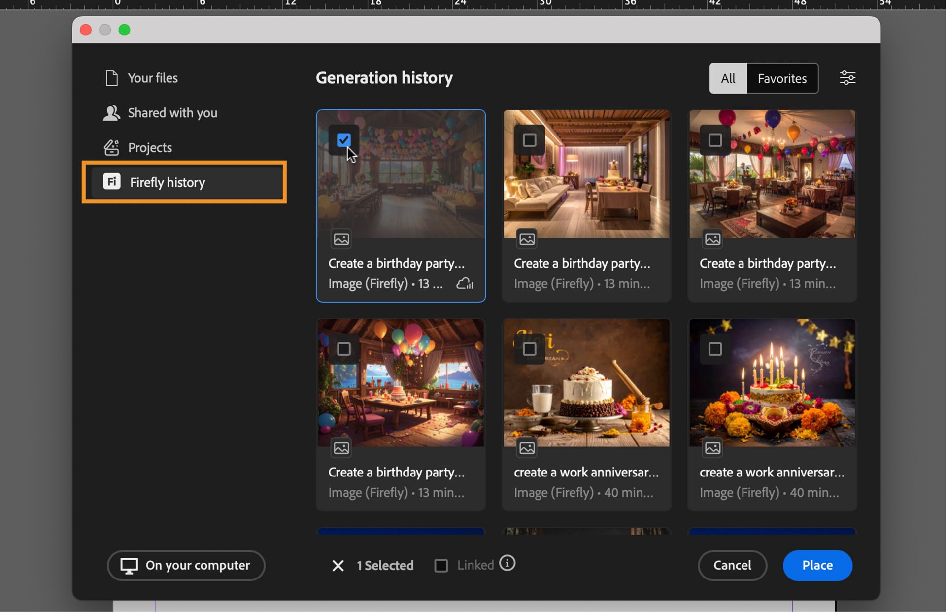 Select Firefly history to open the generation history 