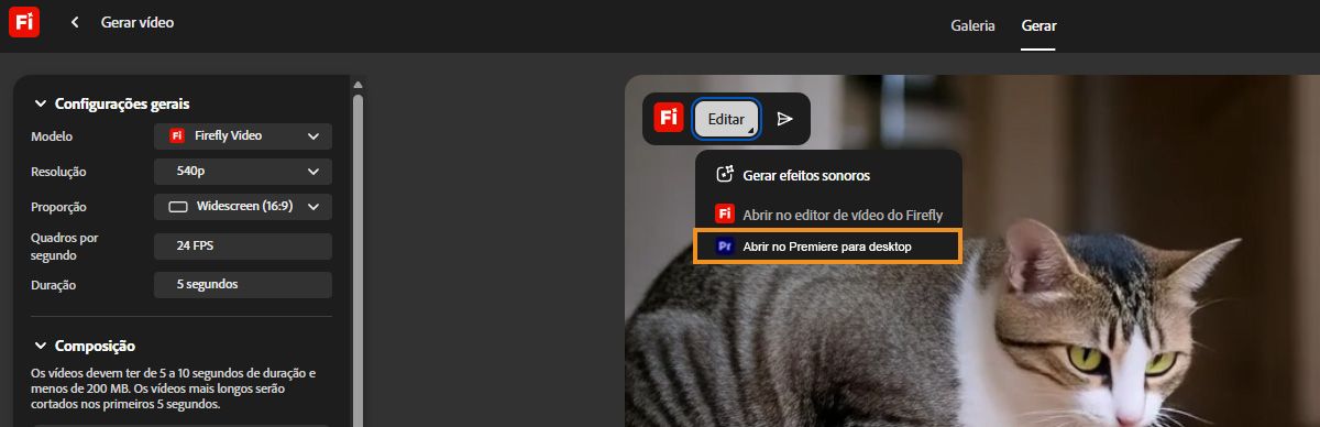 O menu “Editar” do Firefly, com a opção “Abrir no Premiere para desktop” realçada.
