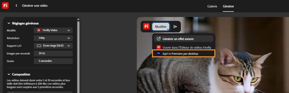 Menu Modifier de Firefly affichant en surbrillance l’option Ouvrir dans Premiere pour ordinateur.