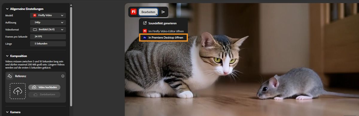 Das Menü „Bearbeiten“ in Firefly mit hervorgehobener Option „In Premiere für Desktop öffnen“.