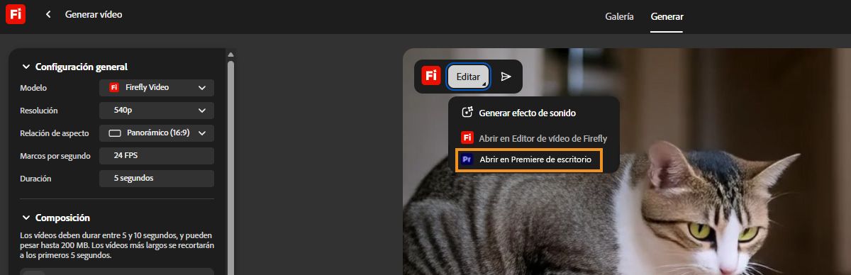 El menú Editar en Firefly con la opción Abrir en Premiere escritorio resaltada.