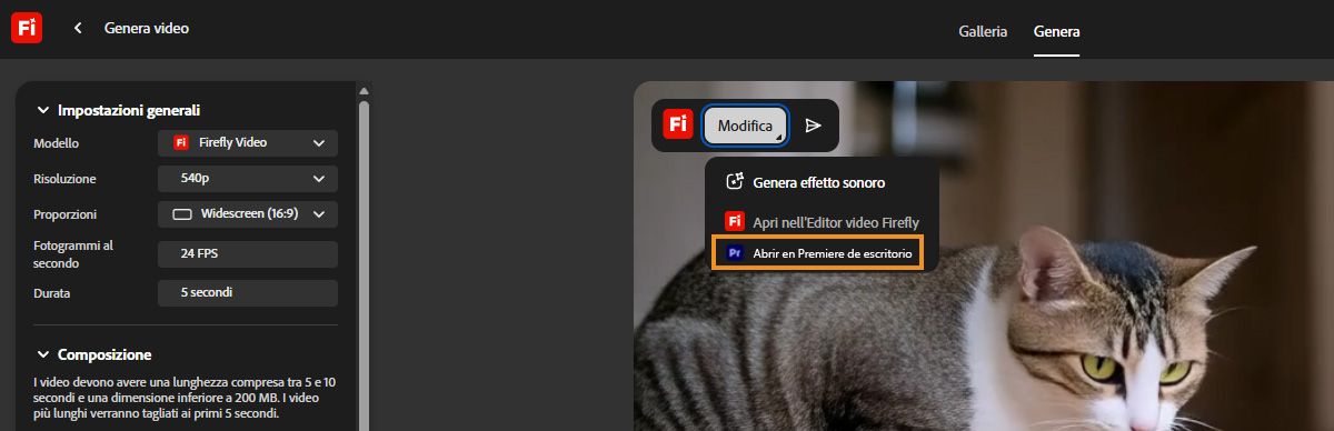 Il menu modificare in Firefly con l'opzione Apri in Premiere desktop evidenziata.