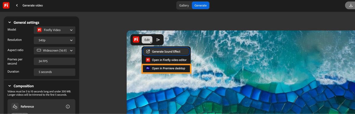 The Edit menu in Firefly with the Open in Premiere desktop option highlighted.
