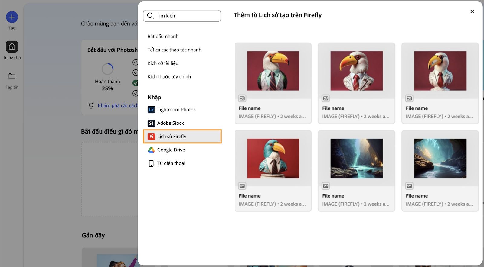 Thêm từ bảng lịch sử tạo Firefly đang mở, cho thấy tất cả hình ảnh đã tạo bằng trang web Firefly.