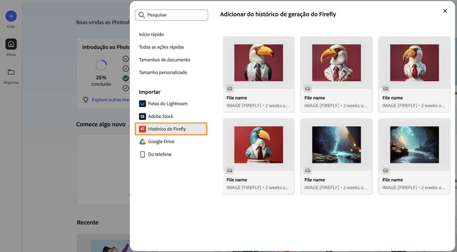 O painel Adicionar do histórico de geração do Firefly será aberto, exibindo todas as imagens que foram geradas usando o site do Firefly.