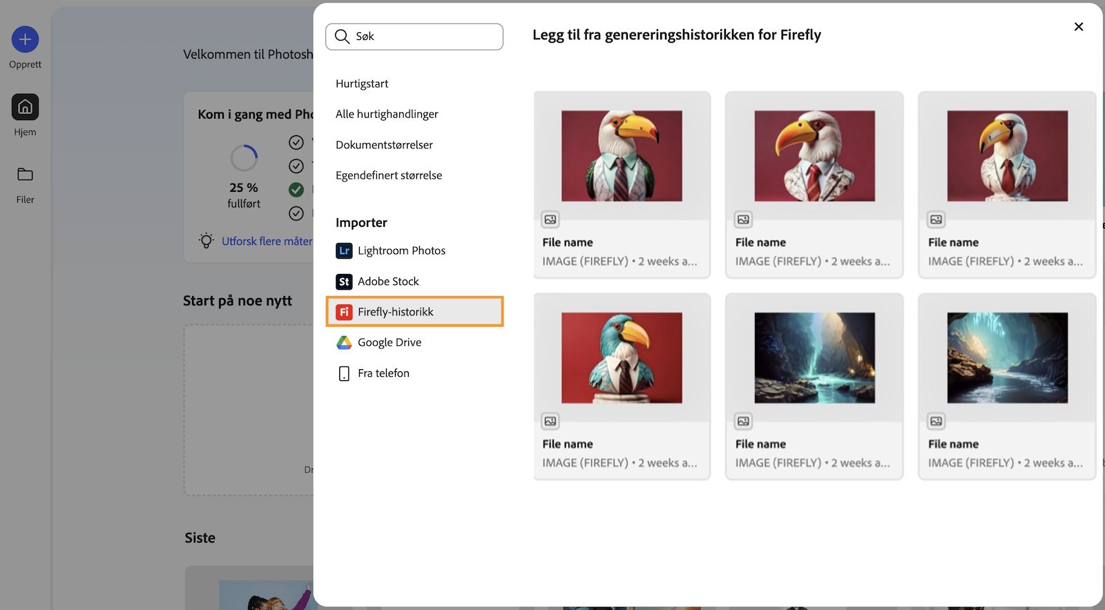 Panelet Legg til fra Firefly-genereringshistorikk åpnes og viser alle bilder som ble generert ved hjelp av Firefly-nettstedet.