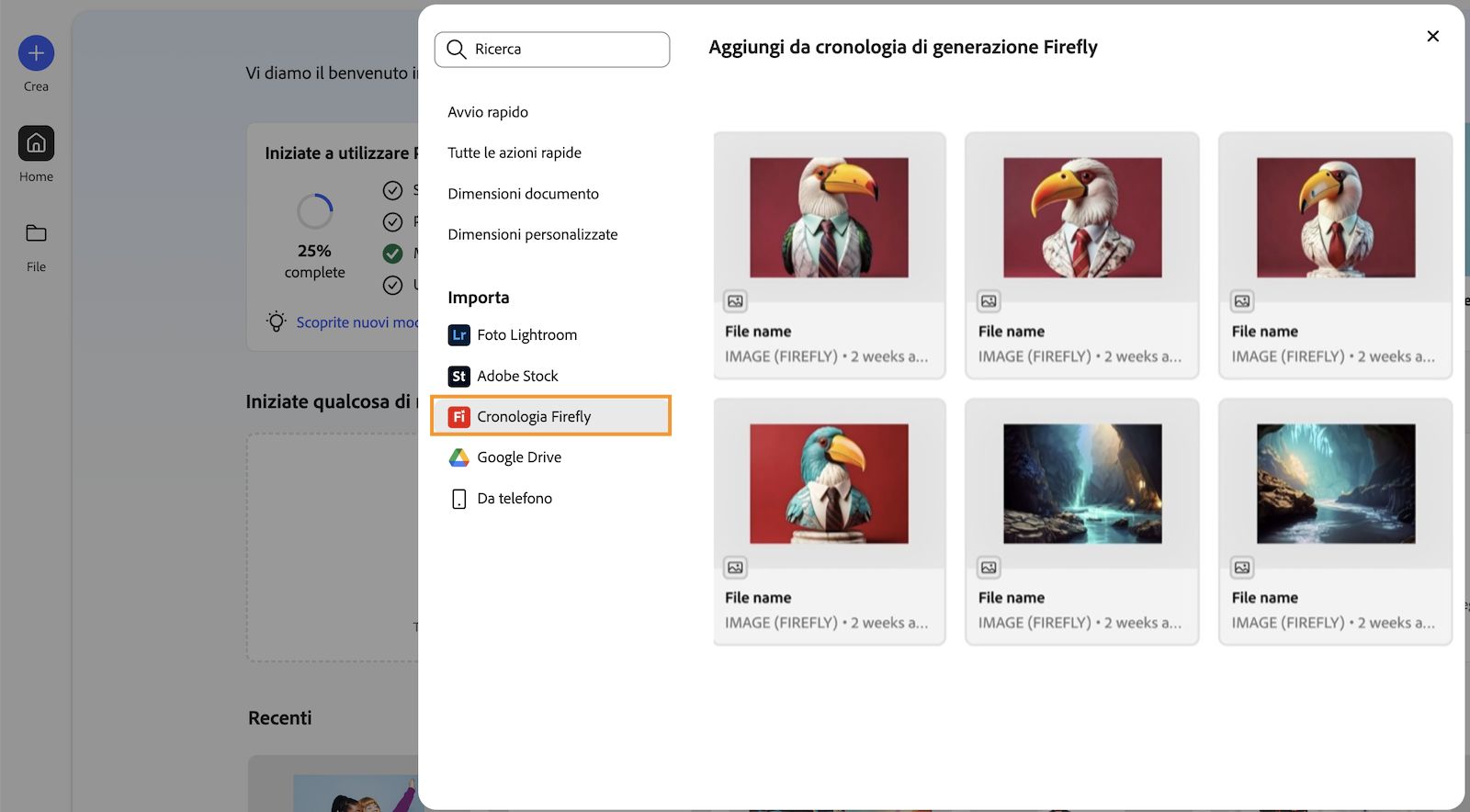 Compare il pannello Aggiungi dalla cronologia di generazioni Firefly, in cui sono visualizzate tutte le immagini generate con il sito web di Firefly.