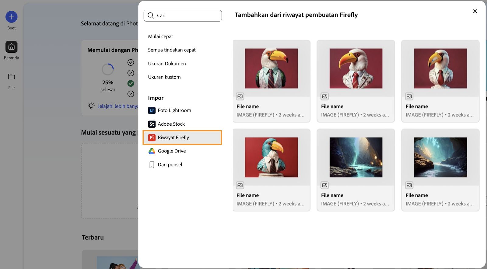 Panel riwayat penggenerasian Tambah dari Firefly dibuka, yang menunjukkan semua gambar yang dihasilkan menggunakan situs web Firefly.