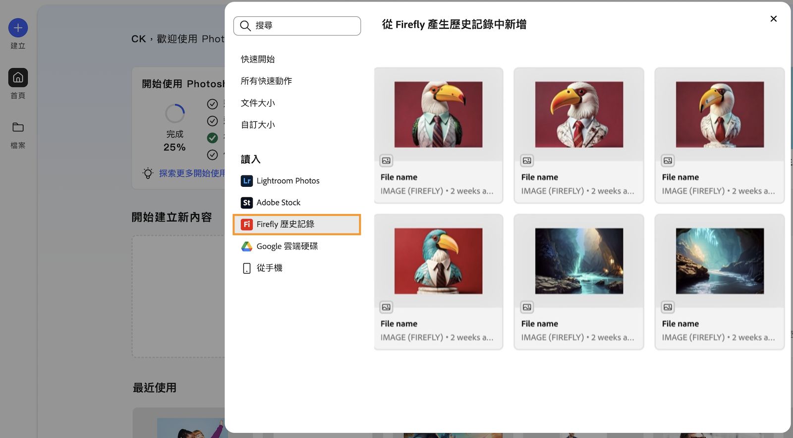 此時會開啟「從 Firefly 產生歷史記錄新增」面板，並展示出所有使用 Firefly 網站產生的影像。