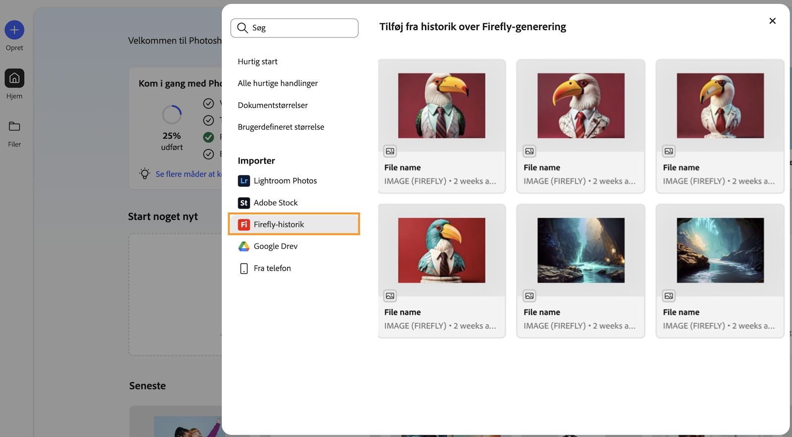 Tilføj fra panelet Firefly-genereringshistorik åbnes og viser alle billeder, der blev genereret på Firefly-webstedet.
