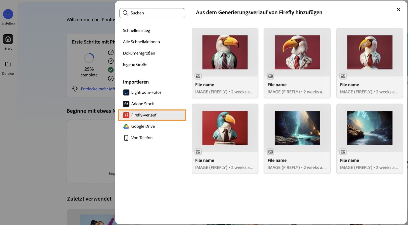 Das Bedienfeld „Aus Firefly-Generierungsverlauf hinzufügen“ wird geöffnet und zeigt alle Bilder an, die mit der Firefly-Website generiert wurden