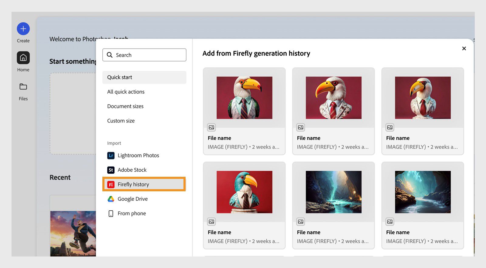 Add from Firefly generation history panel is opened showcasing all images that were generated using Firefly website.