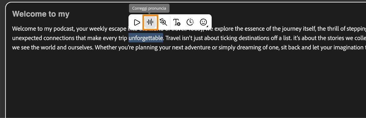 La finestra dell'editor di testo mostra una parola evidenziata, con il pulsante Correggi pronuncia sopra di essa.