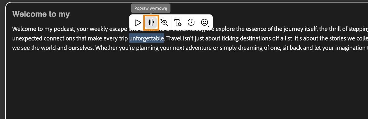W oknie edytora tekstu wyświetla się podświetlone słowo, a nad nim przycisk Popraw wymowę.