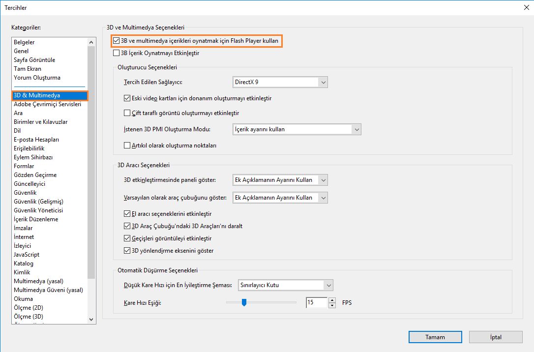 FlashPlayer tercihini etkinleştirme veya devre dışı bırakma