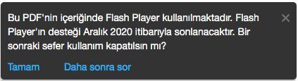 Flash devre dışı uyarı mesajı