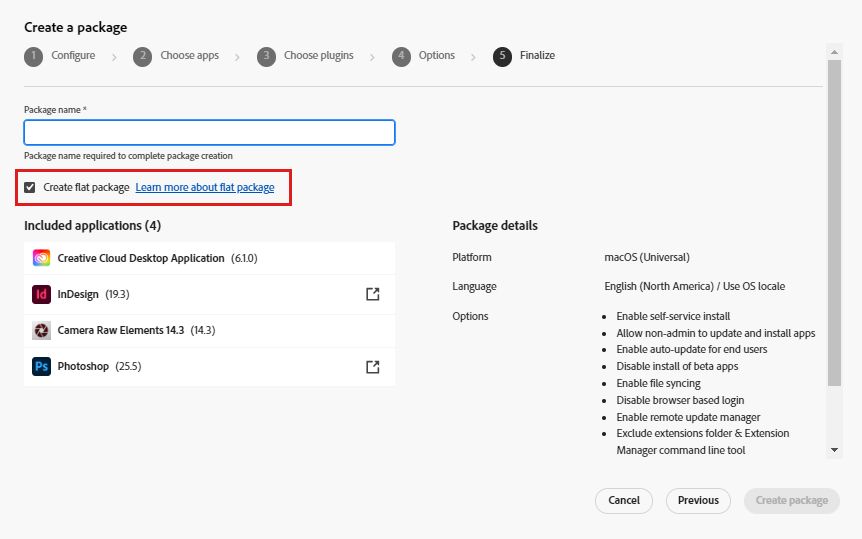 Option „Flaches Paket erstellen“