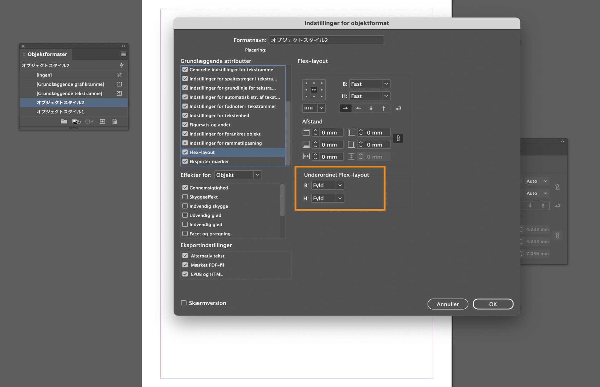 Underordnet flex-layout-indstillingen er fremhævet i dialogboksen Objekttypografi-indstillinger