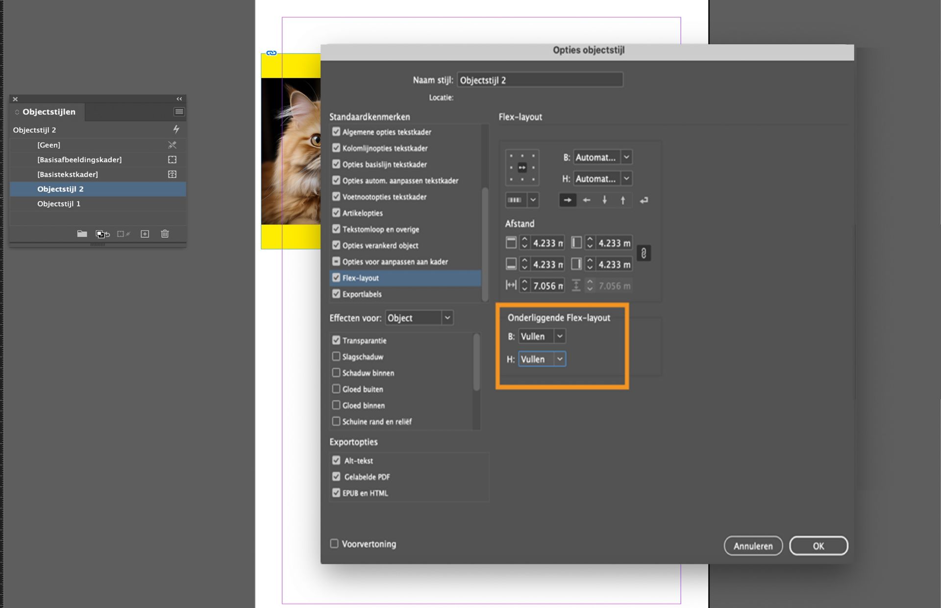 De optie Onderliggend Flex Layout-element is gemarkeerd in het dialoogvenster Opties objectstijl