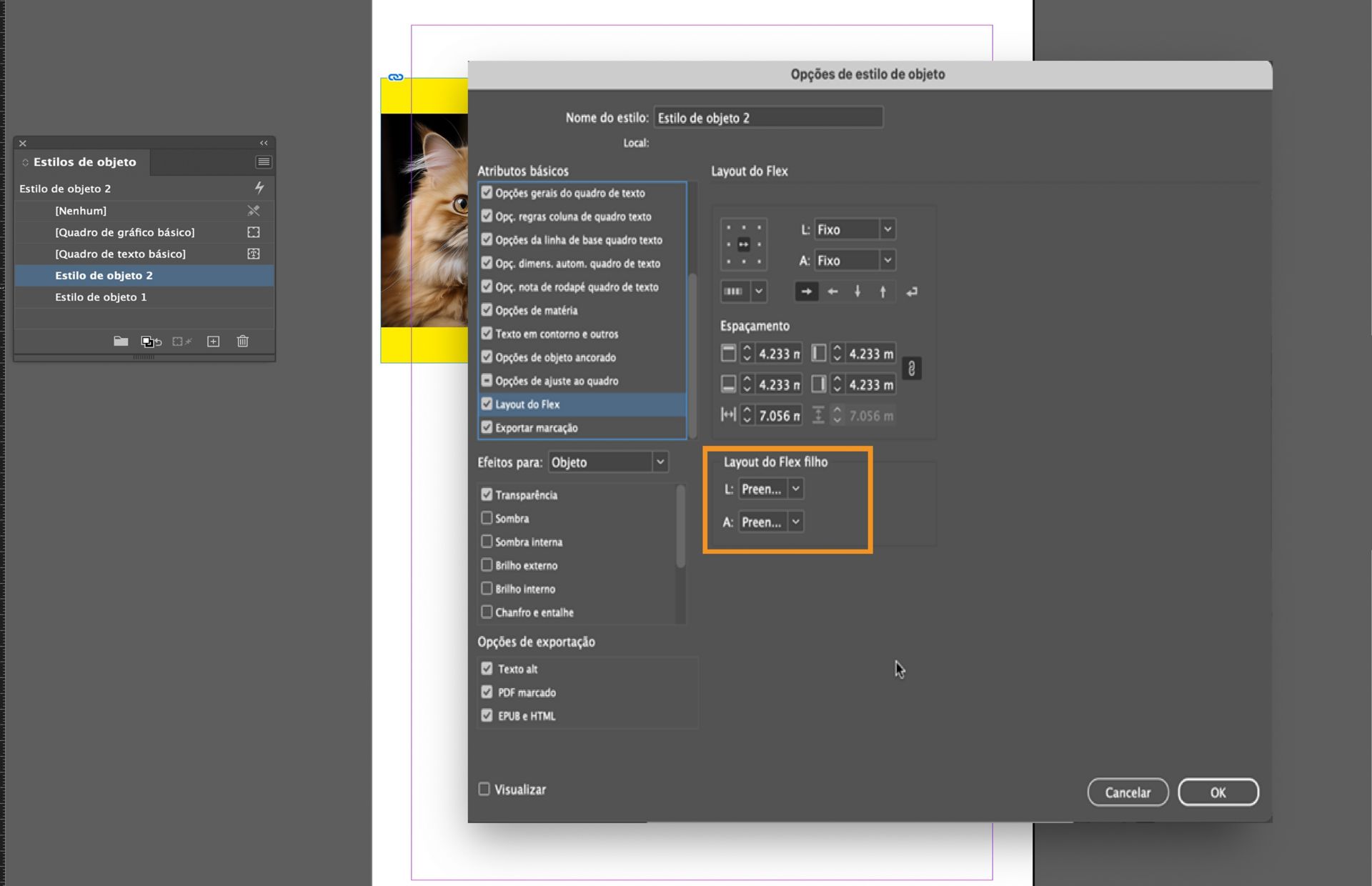 A opção Layout Flex secundário é destacada na caixa de diálogo Opções de estilo de objeto