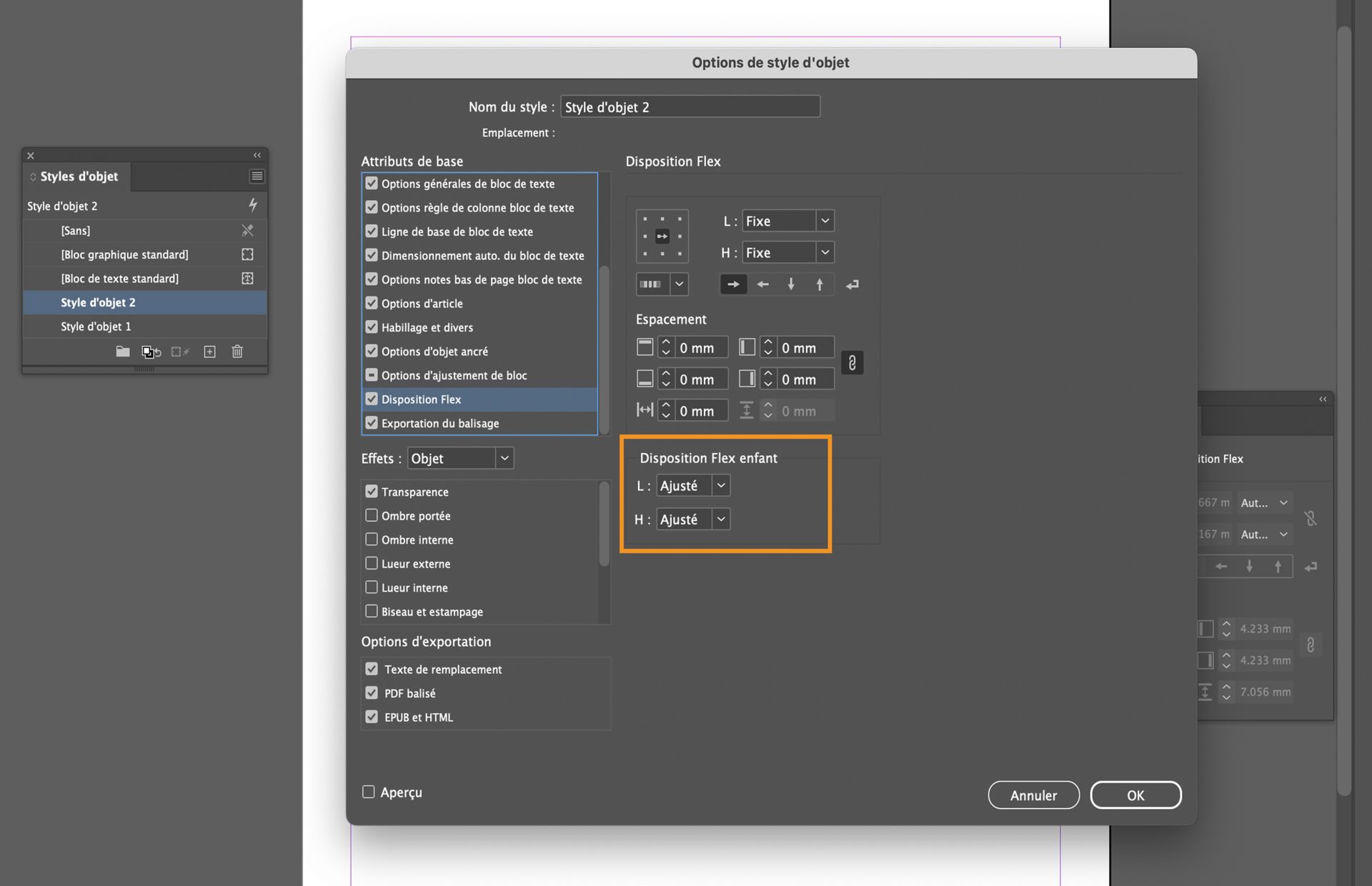L’option Disposition Flex enfant est mise en surbrillance dans la boîte de dialogue Options de style d’objet