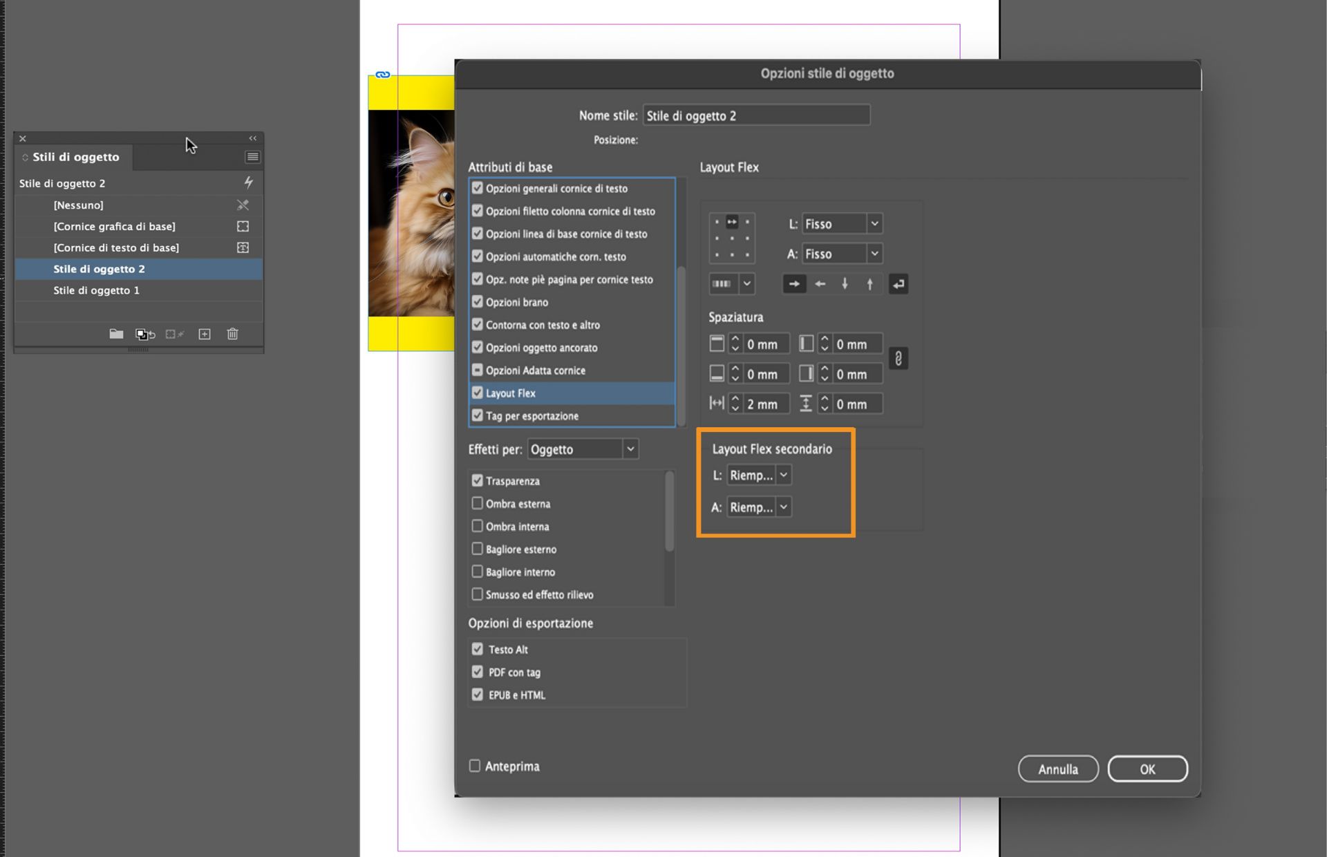 L'opzione Elemento secondario del layout Flex è evidenziata nella finestra di dialogo Opzioni stile di oggetto