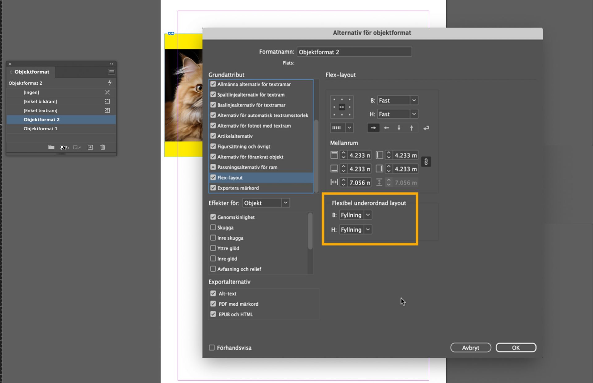 Alternativet Underordnat Flex Layout-objekt är markerat i dialogrutan Objektformatinställningar