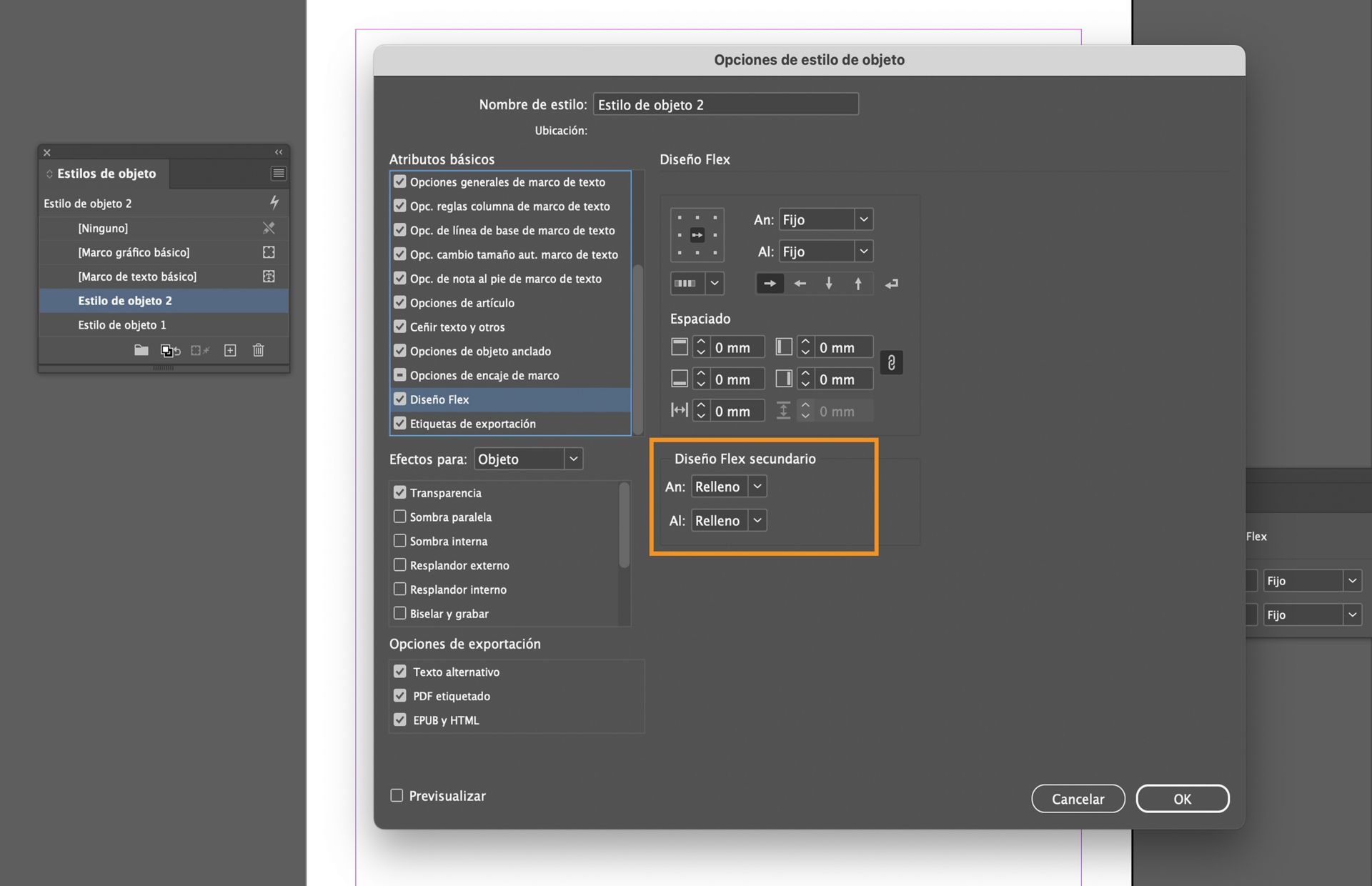 La opción Diseño Flex secundario está resaltada en el cuadro de diálogo Opciones de estilo de objeto