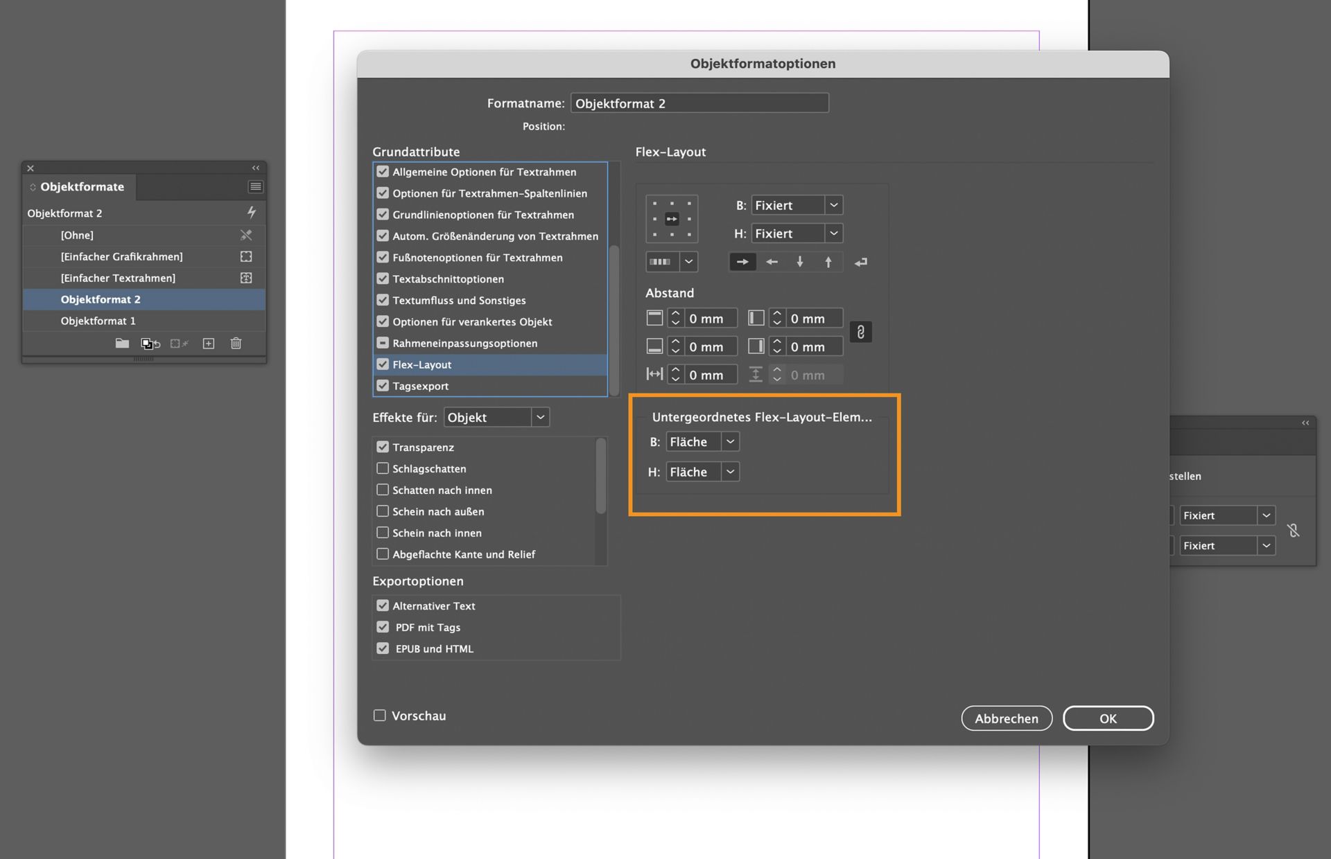 Die Option „Untergeordnetes Element“ im Flex-Layout wird im Dialogfeld „Objektstil-Einstellungen“ hervorgehoben.