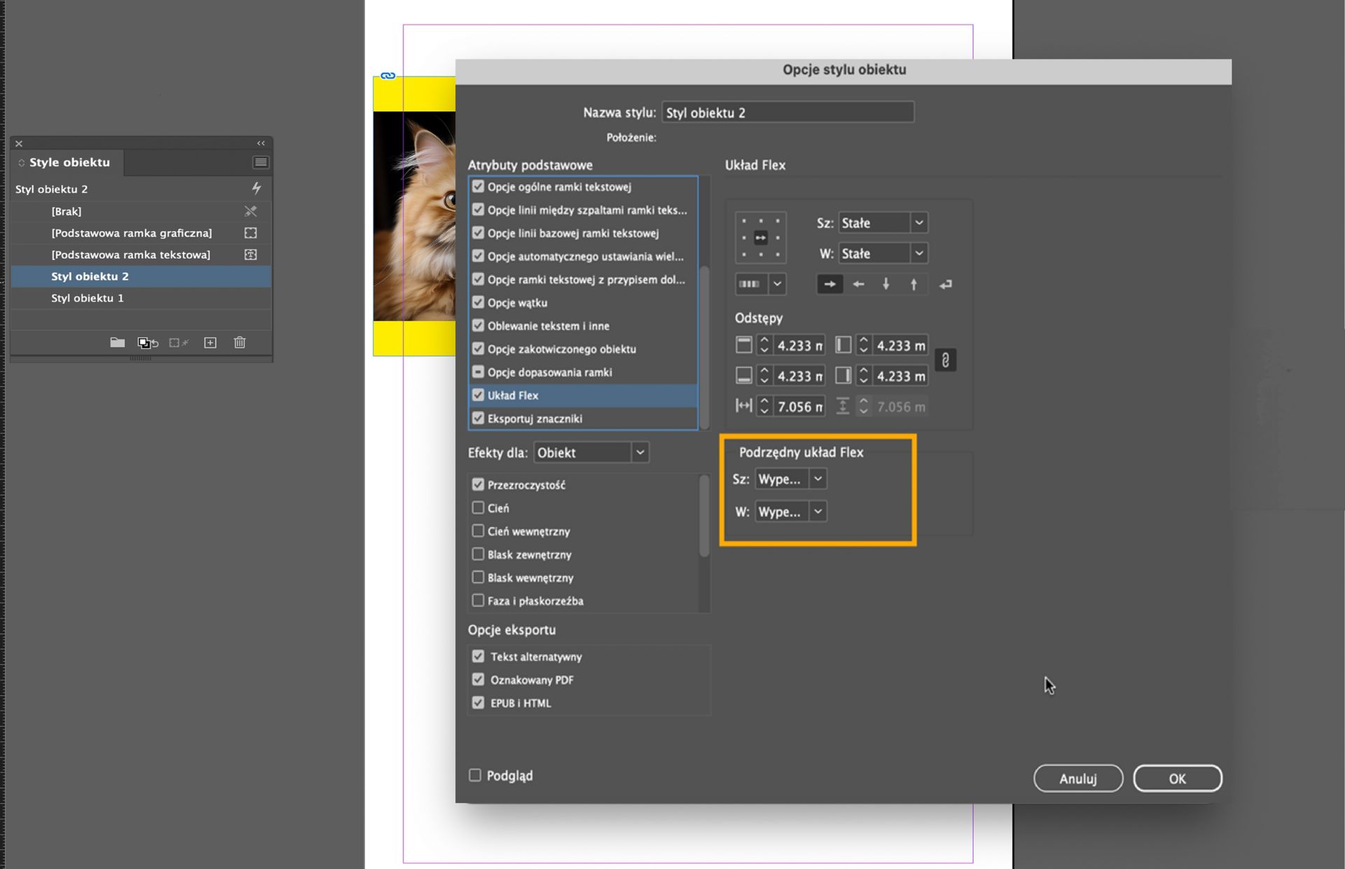 Opcja elementu podrzędnego układu Flex jest wyróżniona w oknie dialogowym Opcje stylu obiektu