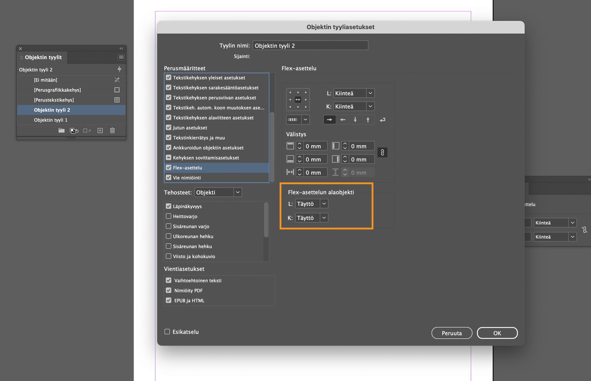 Flex-asettelun Alitaso-vaihtoehto on korostettu Objektityylin asetukset -valintaikkunassa