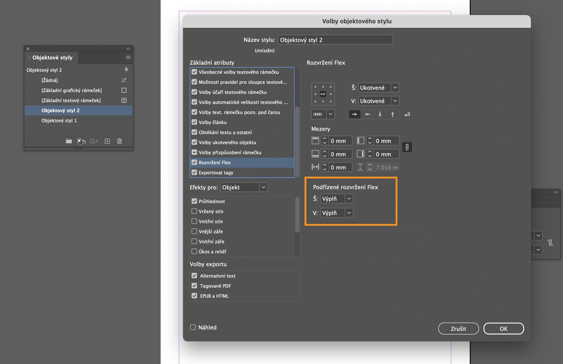 Možnost Podřízený objekt rozvržení Flex je zvýrazněna v dialogovém okně Styl objektu