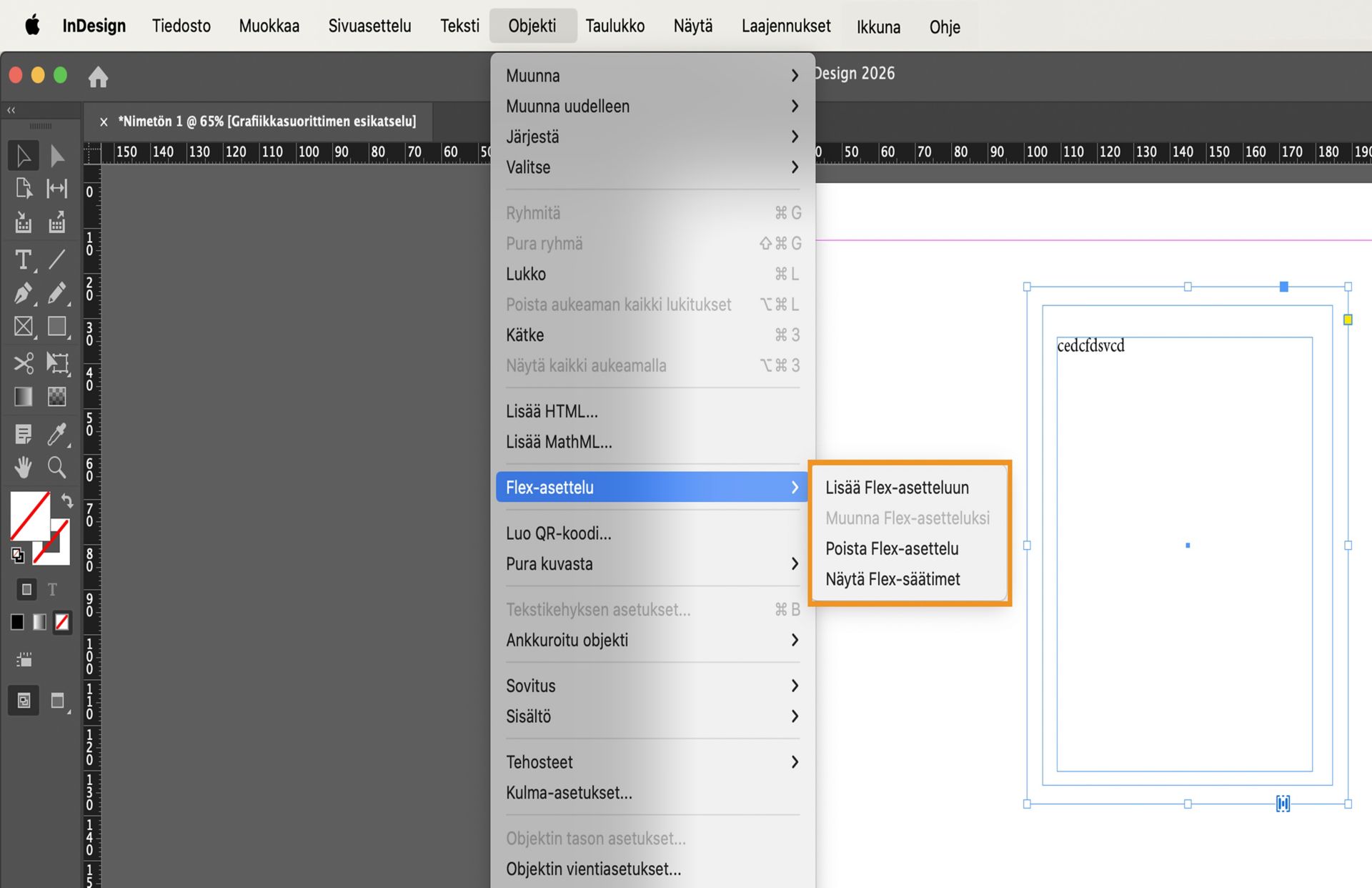 InDesignin Objekti-valikko, jossa näkyvät Flex-asettelun asetukset, kuten lisääminen, muuntaminen, poistaminen ja Flex-säädinten näyttäminen.