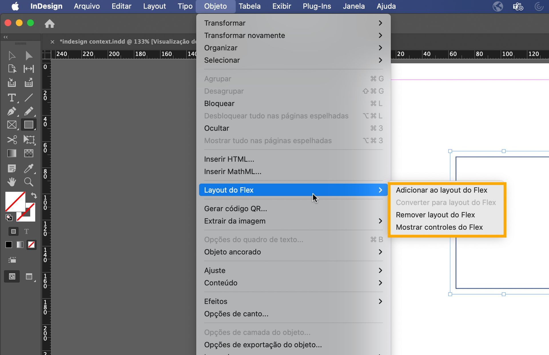 Menu Objeto do InDesign mostrando opções do Layout Flex incluindo Adicionar, Converter, Remover e Mostrar Controles Flex.