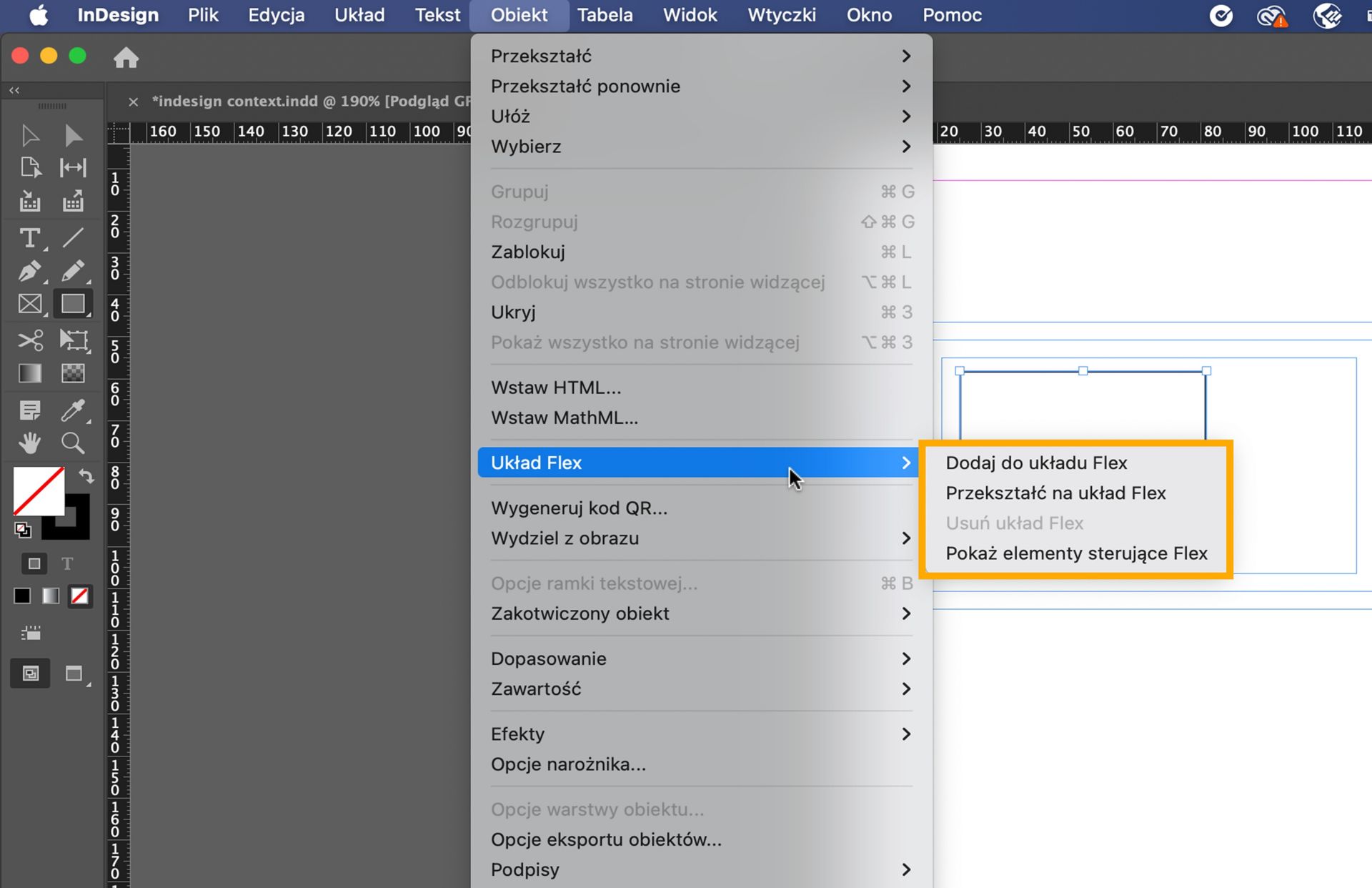 Menu Object w indesign pokazujące opcje Flex Layout, w tym Dodaj, Konwertuj, Usuń i Pokaż kontrolki Flex.