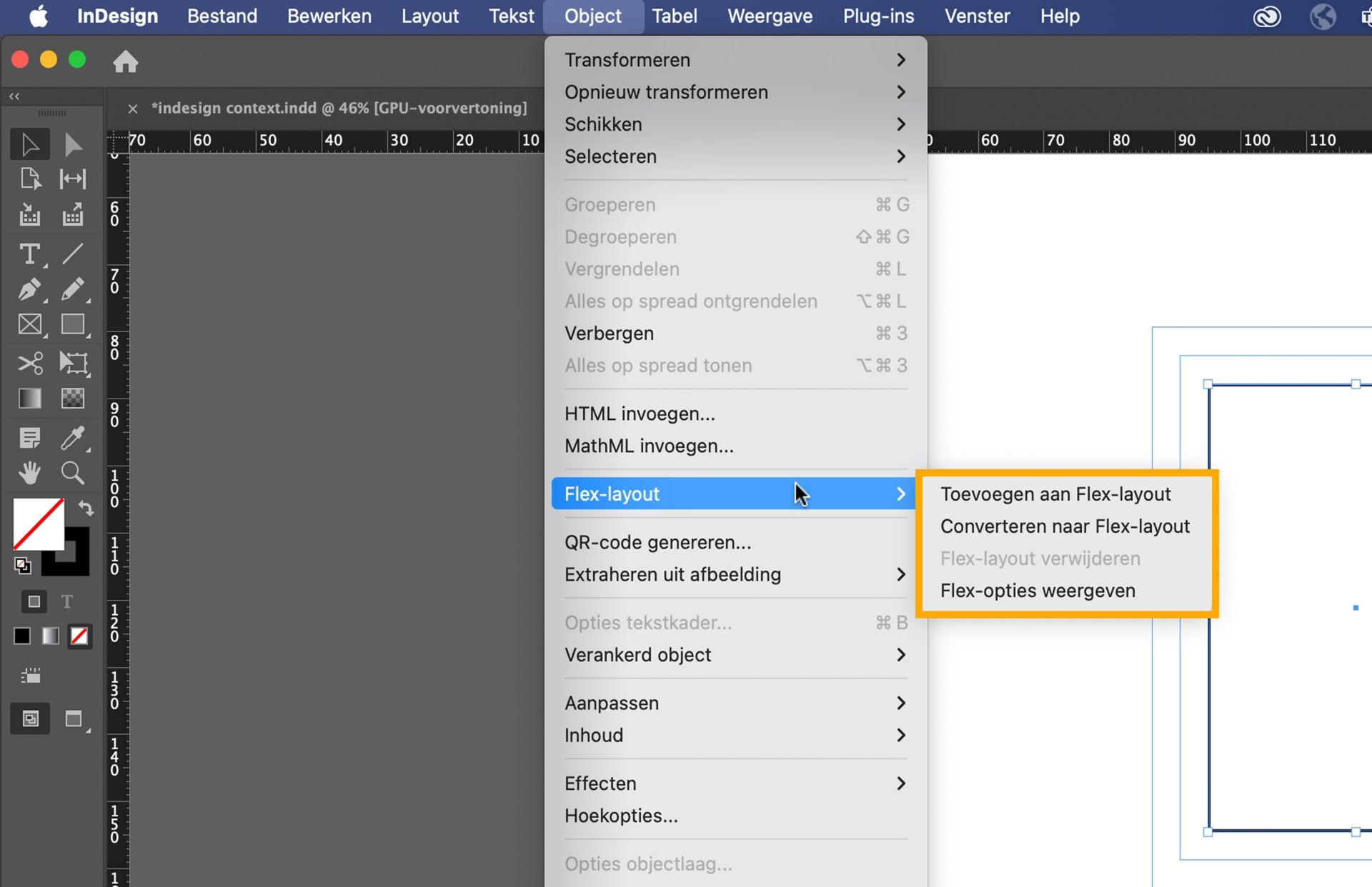 InDesign Object-menu met Flex Layout opties waaronder Toevoegen, Converteren, Verwijderen en Flex Controls tonen.