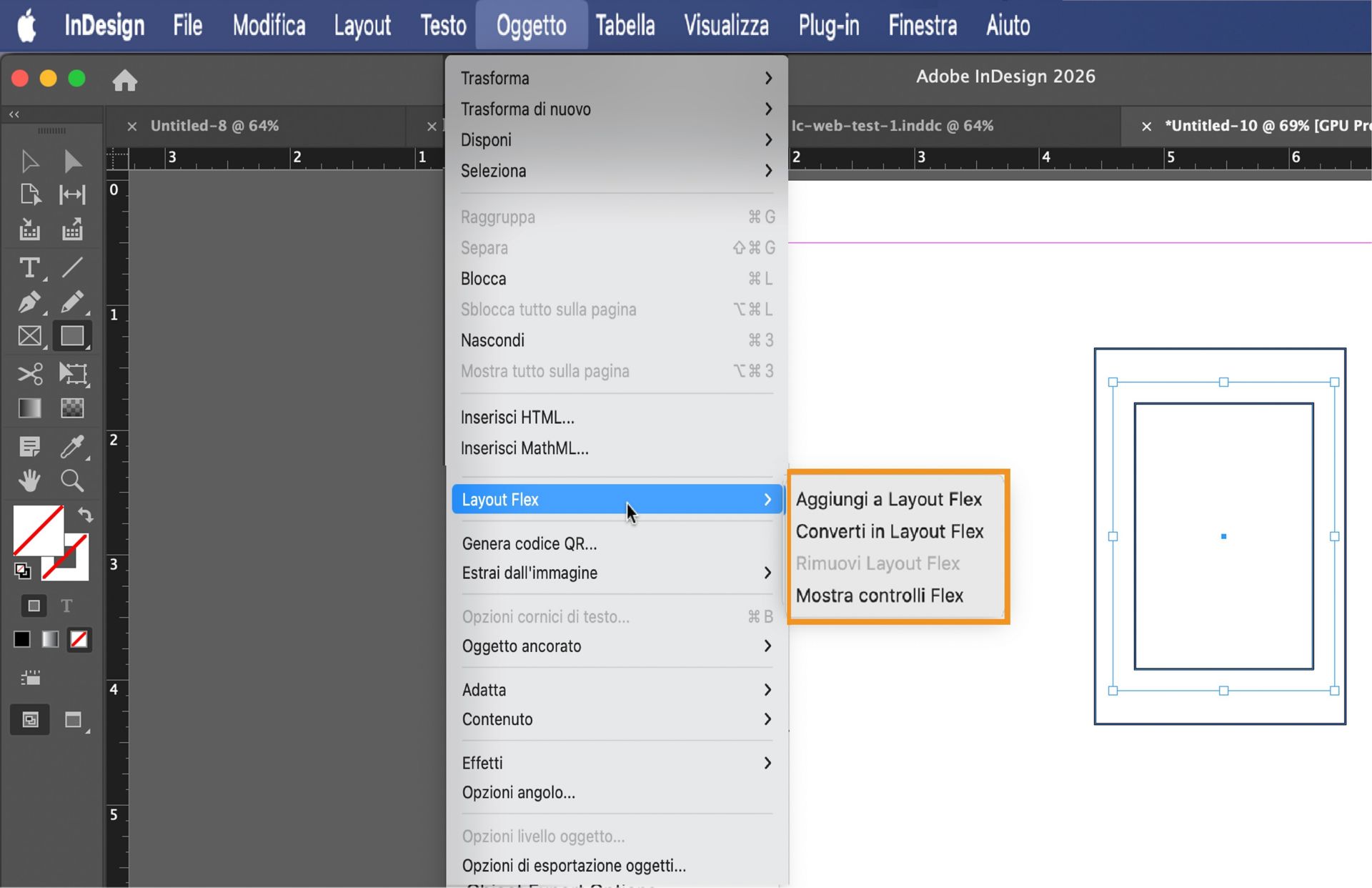 Menu Oggetto di InDesign che mostra le opzioni di Flex Layout inclusi Aggiungi, Converti, Rimuovi e Mostra controlli Flex.