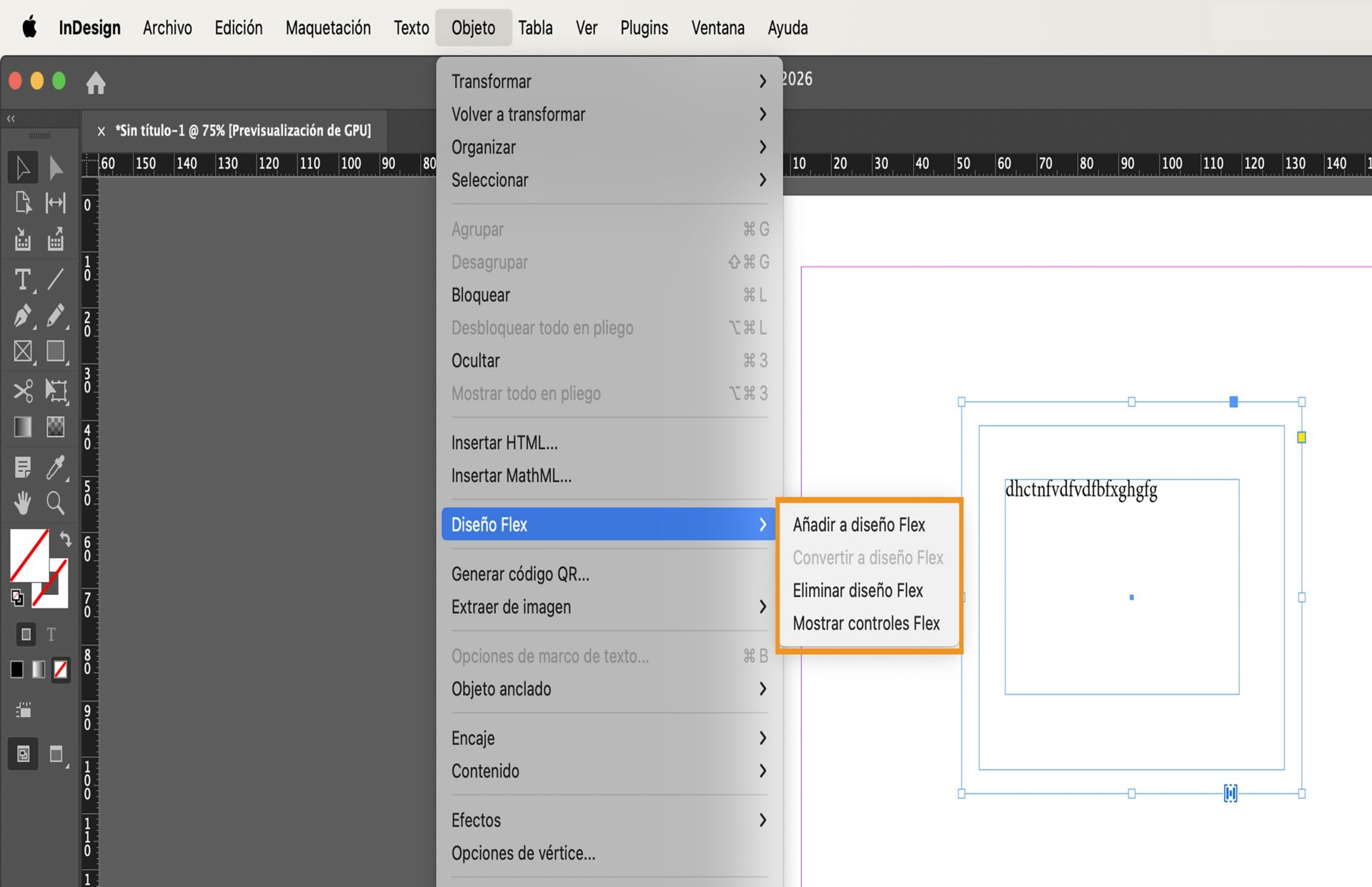 Menú Object de InDesign mostrando las opciones de Flex Layout incluyendo Agregar, Convertir, Eliminar y Mostrar Controles Flex.