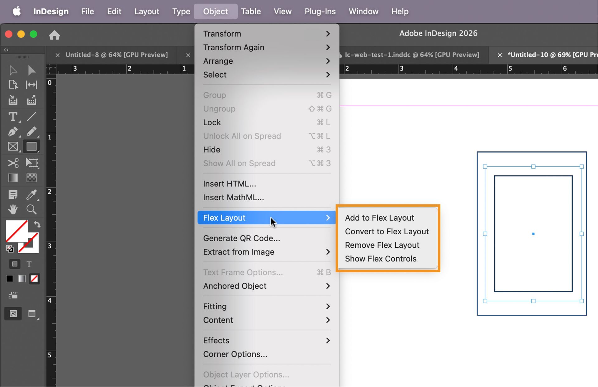 قائمة كائن InDesign تُظهر خيارات Flex Layout بما في ذلك خيارات الإضافة والتحويل والإزالة وإظهار عناصر التحكم في Flex.