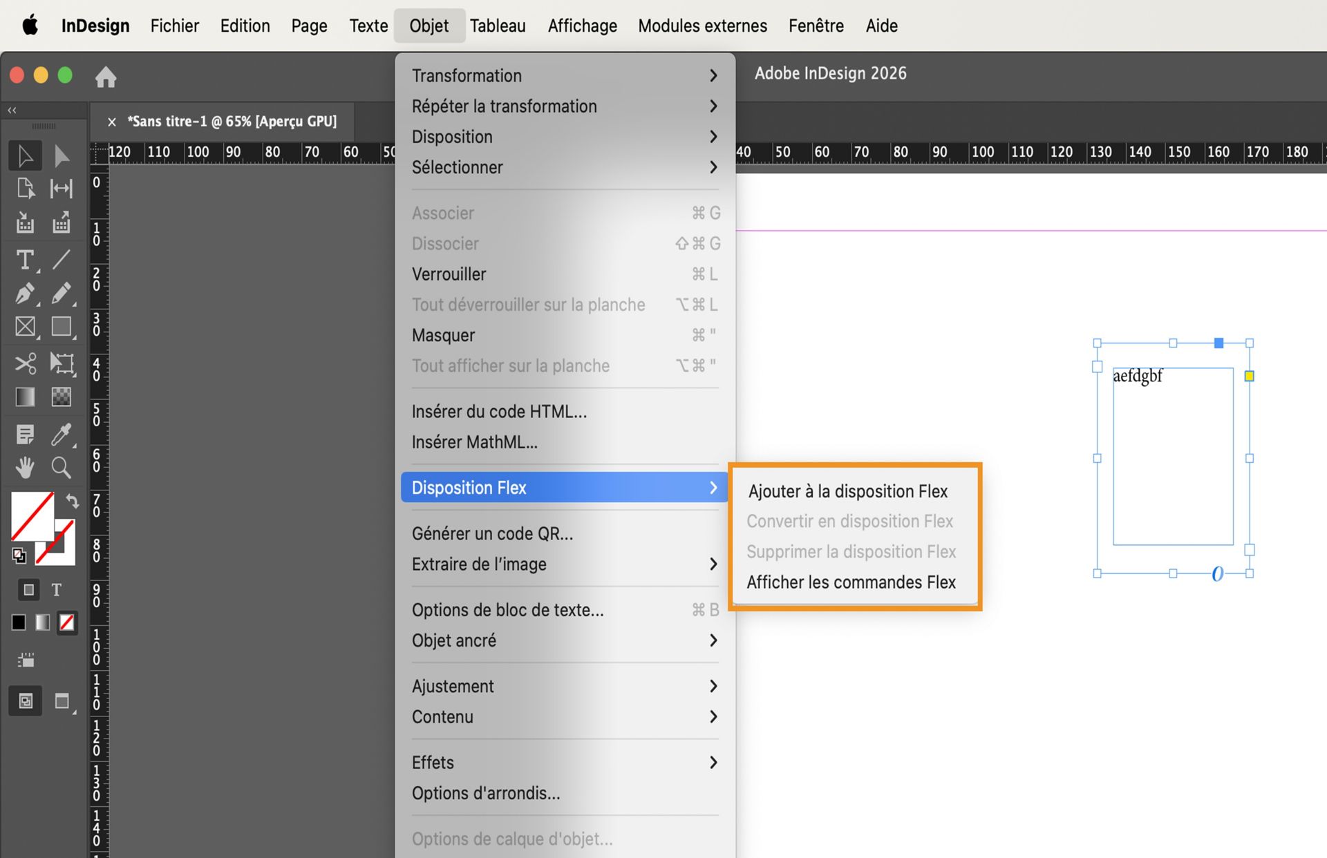 Menu Objet InDesign affichant les options Disposition Flex, notamment Ajouter, Convertir, Supprimer et Afficher les commandes Flex.