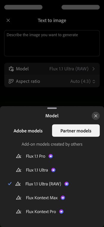 Firefly의 텍스트를 이미지로 기능에서 파트너 모델 섹션이 열린 모델 메뉴와 선택된 Flux 1.1 Ultra(RAW)가 표시됩니다.