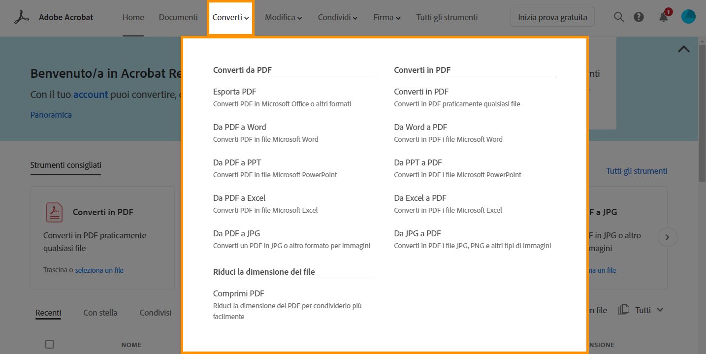 Nuovo menu a comparsa