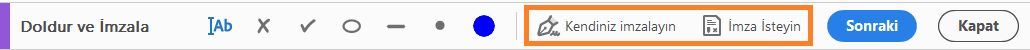 Doldur ve İmzala araç çubuğu
