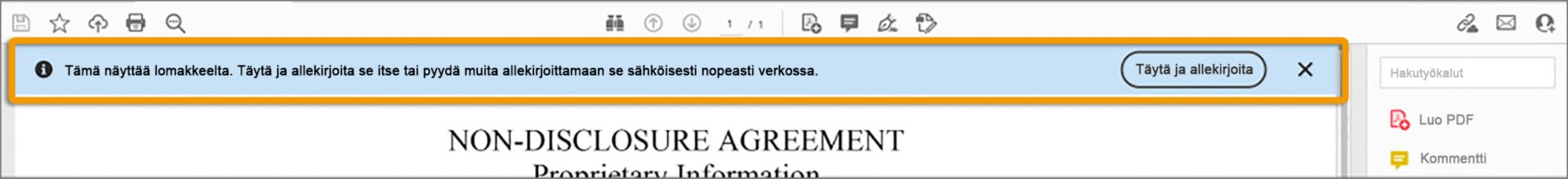Kehote käyttää Täytä ja allekirjoita -työkalua