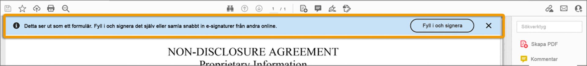 Uppmaning om att använda verktyget Fyll i och signera