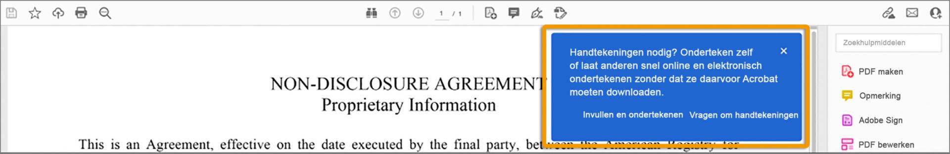 Aanwijzing om het gereedschap 'Invullen en ondertekenen' of 'Vragen om handtekeningen' te gebruiken