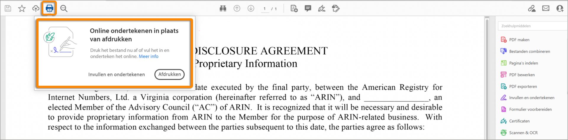 Aanwijzing om online te ondertekenen, in plaats van af te drukken